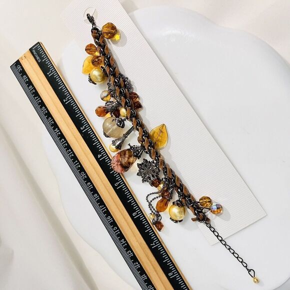 Art Glass Dangle Charm Bracelet Faux Pearl Leather Rhinestone Dangle Earth Tone - Picture 13 of 13